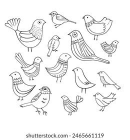 Bird Cartoon Doodle Illustration. Black line little birds, different poses, flying. Happy character. Hand drawn flat abstract icon. Modern trendy vector illustration