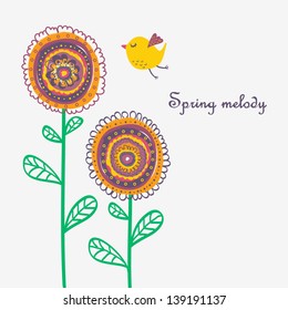 Bird and cartoon flowers. Summer background. Floral card.