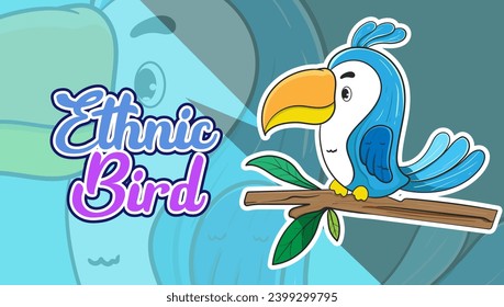 Bird cartoon Funny cute exotic hand drawn childish character of toucan  on branch. Design can be used for fashion t-shirt, greeting card, baby shower. 