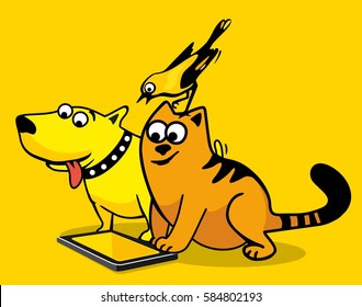 Bird, cat and dog looking at the tablet computer with blank screen. Color flat vector illustration isolated on yellow background