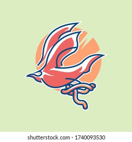 Bird catch and bring the worm logo character flat line style. For emoji, icon, sticker, logo, pin, patch, badge vector illustration