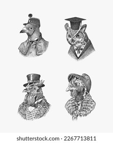 Carácter de pájaro con sombrero y traje. Halcón Peregrino de Pollo de Oro. El hombre con traje. Aristócrata de moda. Pájaro dibujado a mano. Esbozo antiguo monocromo grabado.