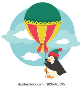 Bird character holding big vintage balloon on thread. Penguin with decoration for xmas, christmas and winter holidays celebration. Adorable personage in knitted warm hat, vector in flat style
