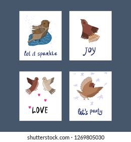 Bird character illustration. Hand drawn bird illustration; card template set with text.  - Vector