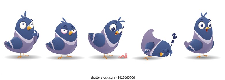 Bird character set on white background. Cartoon pigeon bird with different poses and emotions isolated. Illustration of color bird animal. Vector illustration