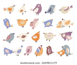 Bird character set in scandinavian style, flying cartoon animals and wings in cute pose for themed decorative use for your illustration and creative designs projects