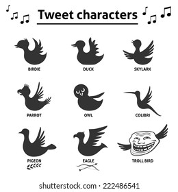 Bird characters social media Internet web icons as a signs of post style.