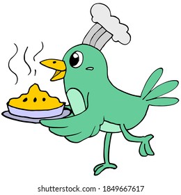 the bird chef is serving a pie meal. cartoon illustration sticker mascot emoticon