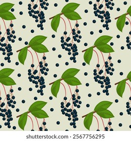 Bird cherry a beige background. Seamless pattern. Bunch of bird cherry with leaves, black berries. Flat style. Berry background for paper, gift wrap, textile, card, wallpaper.