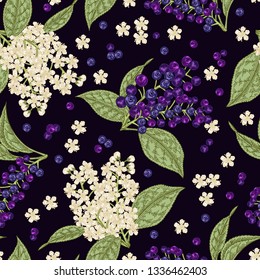 Bird cherry flowers and berries seamless pattern. Hand drawn bird-cherry summer tree. Vector illustration.