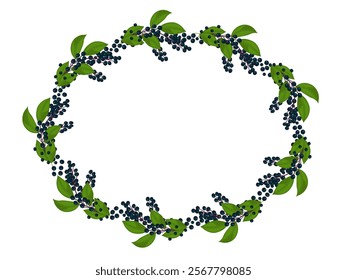 Bird cherry oval frame isolated on a white background. Black berries and green leaves. Flat style. The center of the image is free for your inscription. Template for decor, design element. 

