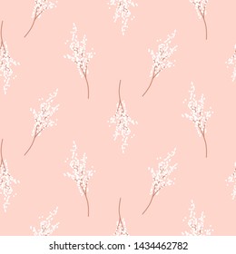 Bird cherry tree branches seamless blossom light pattern vector design. Simple cute white flower bloom background.