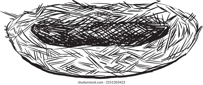 Bird Chicken Nest Made of Hay Graphic Black and White Illustration for Print and Web Design of Physical Products and Projects