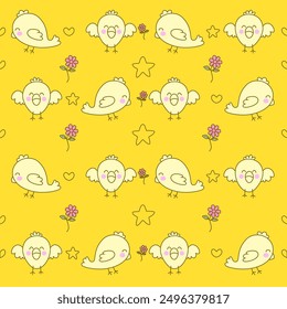 Bird, chicken Seamless pattern . Vector illustration on yellow background