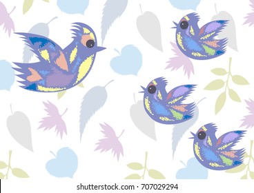 Bird and chicks fly on a white background and a pattern of leaves