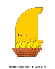 Bird and chicks in nest cartoon isolated. Birdie little. Vector illustration
