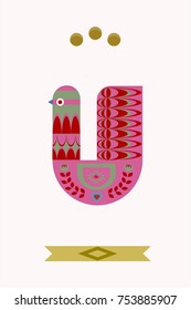 Bird. Christmas badge or tag. Stock vector.