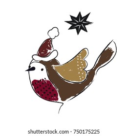 Bird in Christmas hat, star. Cartoon style. Vector illustration