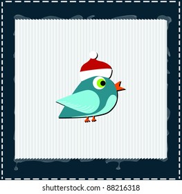 Bird with christmas red hat on his head, frame composition