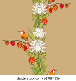 Bird and chrysanthemum flowers seamless pattern.