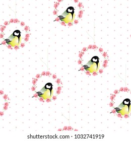 Bird in a circle of flowers. spring background. vector illustration
