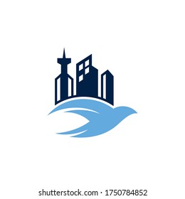 Bird city logo concept, flying bird+building landscape, simple flat logo style blue color on white background