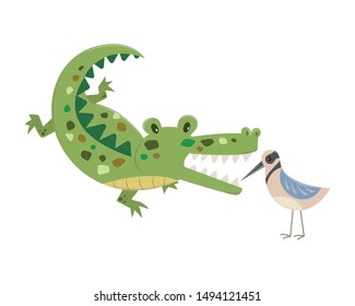Bird cleans crocodile's teeth vector illustration cartoon isolated on white background. Nile crocodile and Egyptian plover cartoon.