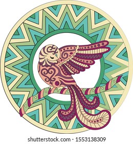 bird cleans feathers in ethnic style on a circle background