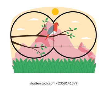 Bird clearly visible from used binoculars, standing on a branch with mountains background, bird watching vector illustration.