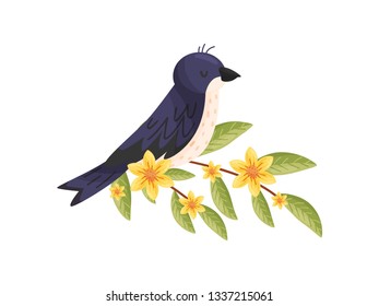 Bird with closed eyes sitting on branch.