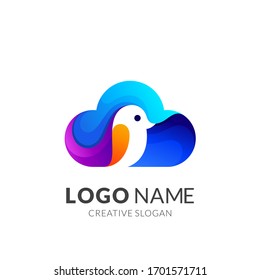 Bird cloud logo. Blue cloud with cute bird silhouette logo vector