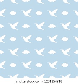 Bird and cloud silhouette seamless pattern background, modern simple vector illustration