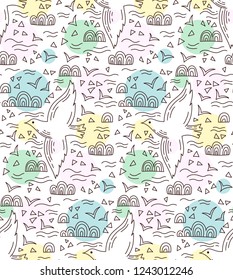 Bird clouds line doodle elegant seamless vector pattern