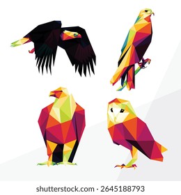 Bird Collection colorful polygonal vector. Flying bird set colorful vector low poly logo. Bald eagle, hawk, vulture and owl colorful vector low poly
