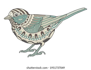 Bird collection, hand drawn cartoon character. Decorative graphic sparrow with zen doodle ornament. Colorful vector illustration 