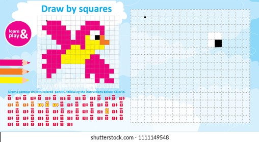 Color de pájaro por números y juego educativo para los niños. Coloración con indicios de dirección color del lápiz que se va a dibujar. Dibujando actividad infantil. Colores educativos. Ilustración vectorial. jugar y aprender