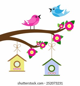 bird colorful and birdhouse on tree branches.