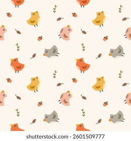 Bird colorful cartoon so cute. On acorn leaf background. Pattern seamless vector illustration. 