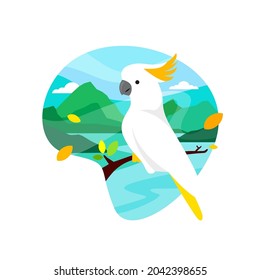 Bird colorful flat illustration with nature background, in landing page style