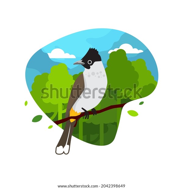 Bird colorful flat illustration with nature\
background, in landing page\
style