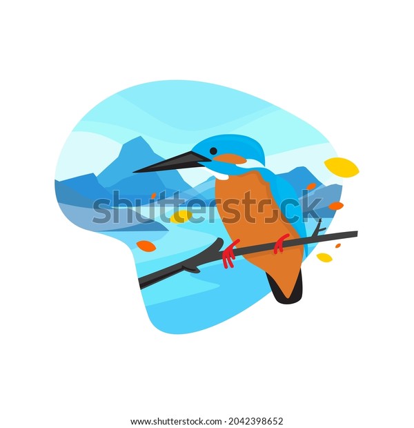 Bird colorful flat illustration with nature\
background, in landing page\
style