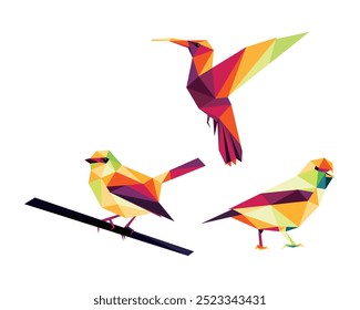 Bird Colorful Polygonal Low Poly Vector Set. Collection of flying bird in Colorful Triangle Illustration. Hummingbird and cute bird Illustration for children coloring book