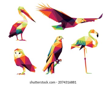 Bird in Colorful Polygonal Set. Colorful Low Polygon of Pelican, eagle, hawk, owl, flamingo. Colorful Abstract vector of birds