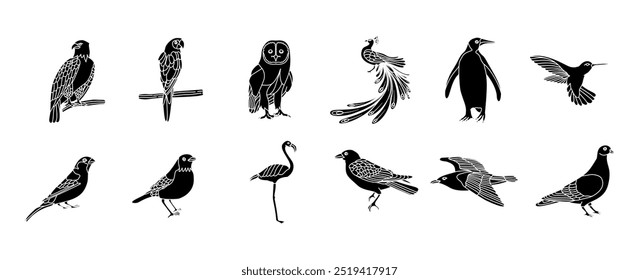 Bird coloring filled vector set illustration