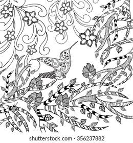Bird coloring page. Animals. Hand drawn doodle. Ethnic patterned illustration. African, indian, totem tatoo design. Sketch for avatar, tattoo, poster, print or t-shirt.