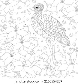 Bird coloring page, antistress coloring sheet. Stork with flowers. Vector illustration. 