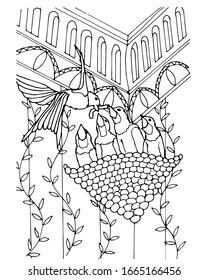 Bird coloring page feed the chicks in a nest on a flowering branch.