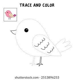 Bird coloring pages for kids. Trace and color bird. Coloring page outline of cute bird. Bird tracing worksheet printable. Cartoon animal drawing. Kindergarten and preschool activity.