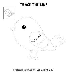 Bird coloring pages for kids. Trace and color bird. Coloring page outline of cute bird. Bird tracing worksheet printable. Cartoon animal drawing. Kindergarten and preschool activity.