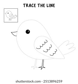 Bird coloring pages for kids. Trace and color bird. Coloring page outline of cute bird. Bird tracing worksheet printable. Cartoon animal drawing. Kindergarten and preschool activity.